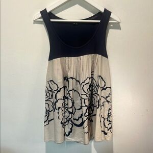 Theory Like New 100% Cotton Navy and Cream Floral Long Tank Tunic Top Size M